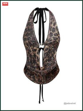 Y2K Sequin Cheetah Print Halter Top Self Tie Plunge Asymmetrical